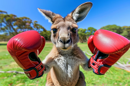 A kangaroo standing upright, wearing red boxing gloves, and ready for action. The scene captures the playful and whimsical nature of the kangaroo. AI generatedの素材