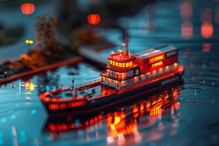 A 3D illustration of a cargo ship docked at a port, integrated with a digital interface displaying data and analytics. The image highlights modern maritime logistics and technology.の素材