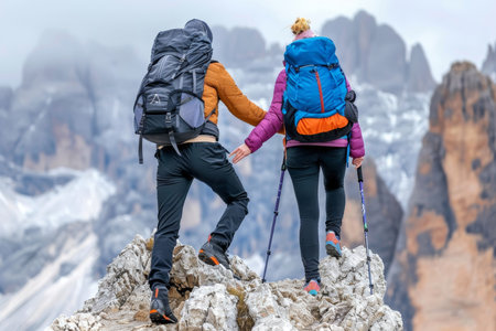 A hiker extends a hand to help a friend reach the mountain top. Both wear backpacks and outdoor gear, showcasing teamwork and determination against a breathtaking mountain landscape.の素材