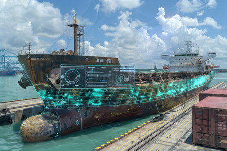 A 3D illustration of a cargo ship docked at a port, integrated with a digital interface displaying data and analytics. The image highlights modern maritime logistics and technology.の素材