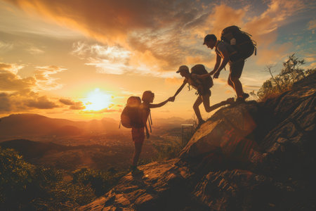 A hiker extends a hand to help a friend reach the mountain top. Both wear backpacks and outdoor gear, showcasing teamwork and determination against a breathtaking mountain landscape.の素材