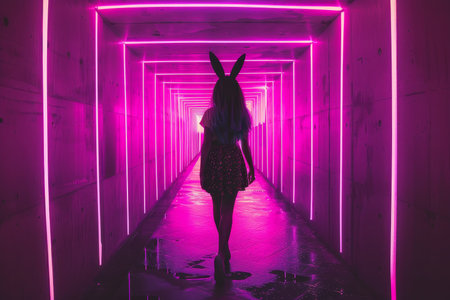3D photo of a girl with bunny ears and a dress standing on a stage illuminated by bright neon lights. The scene reflects a playful and futuristic atmosphere. AI generated.の素材