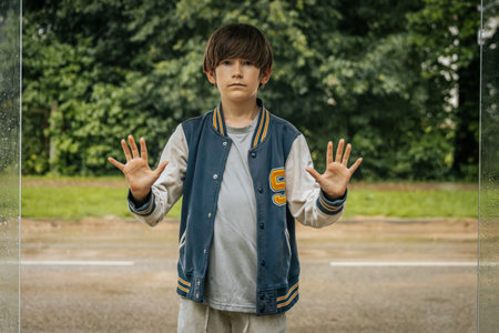Young boy with hands in stop gesture looking at the camera on the streetの写真素材