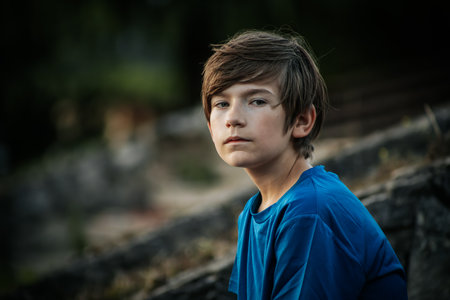 Portrait of a young boy in a blue T-shirt in the parkの写真素材