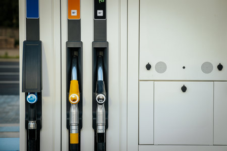 Close up of fuel dispensers in petrol station. Gasoline and diesel.の写真素材