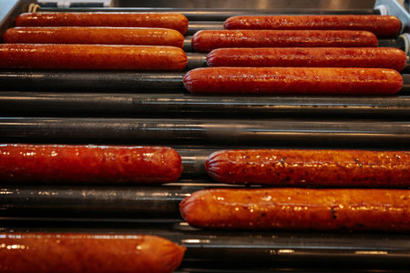 Sausages on a spit in a restaurant, close-upの写真素材