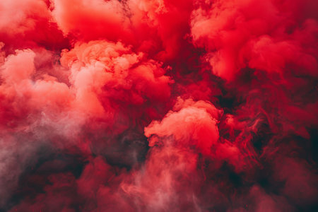 A dramatic burst of red smoke expands against a solid black background, creating a striking contrast. The swirling, cloud like formation captures the dynamic motion and intensity of the explosion.の素材