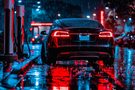 Electric car charging at gas station in the city, industrial landscape, neon elements, healthy environment. Eco concept.の素材