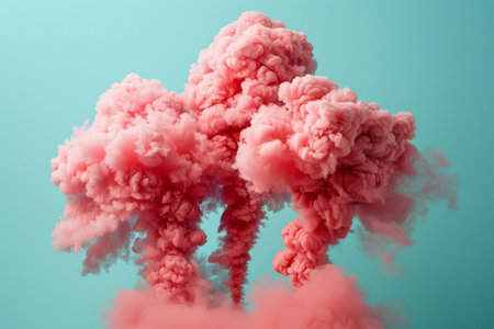 Soft, fluffy red clouds resembling cotton candy drift across a vibrant blue sky, creating a surreal and whimsical scene. The vivid colors evoke a dreamlike atmosphereの素材