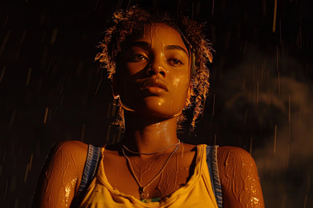 A woman stands full length, illuminated by a warm, fiery light against a pitch black background. Her skin glows with the reflection of flames, creating a dramatic and intimate scene.の素材