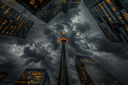 A view of tall business skyscrapers in the financial district showcasing modern architecture and cityscape in the bustling downtown area. The scene reflects the big metropolis in the city.の素材