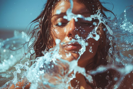 A girl in a colorful swimsuit swimming in the ocean waves, enjoying the water and the summer day. The image captures her playful and energetic moment in the seaの素材