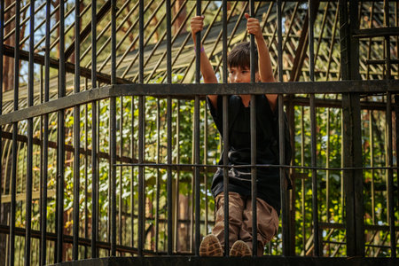 Little boy in the cage. The boy is looking through the bars.