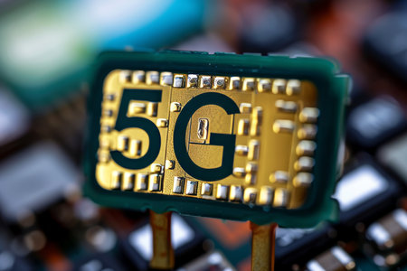 5G SIM card designed for advanced mobile connectivity and faster data speeds. The SIM card features sleek, modern design elements, symbolizing cutting edge technology and communication.の素材