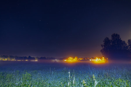 Foggy night in the meadow. Rural landscape at night.の写真素材