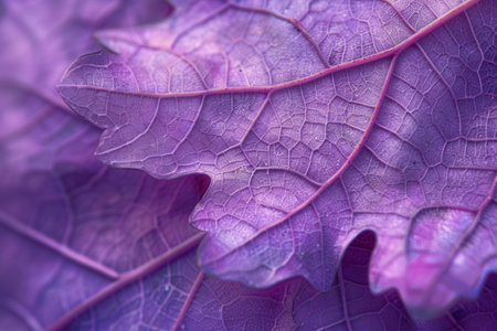 Detailed macro shot of a dry autumn leaf showing its intricate vein patterns in warm purple tones. Texture and lines create a natural abstract design.の素材