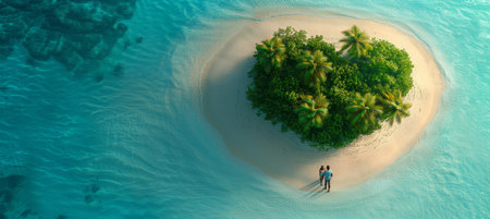 A stunning aerial view of a heart shaped island surrounded by clear turquoise waters. A couple relaxes on the sandy beach under the shade of palm trees, creating a romantic and tropical atmosphere.の素材