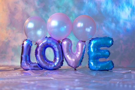 A vibrant display of the word LOVE spelled out with iridescent, metallic balloons. The letters are arranged against a soft, pastel background, creating a cheerful and romantic atmosphere.の素材