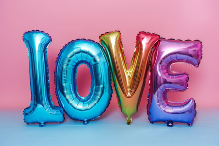 A vivid display of the word LOVE spelled out in iridescent white metallic balloons. The letters are arranged on a soft, pastel background, creating a cheerful and romantic atmosphere.の素材