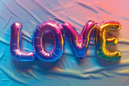 A vivid display of the word LOVE spelled out in iridescent pink metallic balloons. The letters are arranged on a soft, pastel background, creating a cheerful and romantic atmosphere.の素材