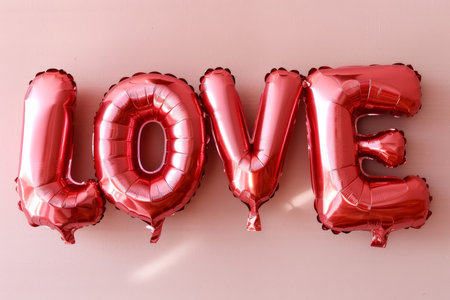 A vivid display of the word LOVE spelled out in iridescent red metallic balloons. The letters are arranged on a soft, pastel background, creating a cheerful and romantic atmosphere.の素材