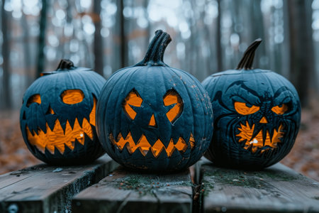 At dusk, three illuminated spooky pumpkins with ominous expressions sit on a wooden surface with a dark blurred wooden background. The image creates a spooky Halloween atmosphereの素材