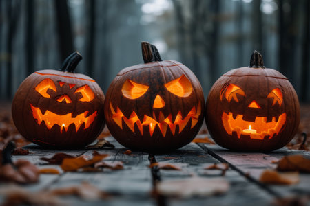 At dusk, three illuminated spooky pumpkins with ominous expressions sit on a wooden surface with a dark blurred wooden background. The image creates a spooky Halloween atmosphereの素材