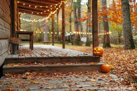 A wooden porch surrounded by autumn leaves is decorated with a glowing pumpkin lantern and a row of candles. Warm bokeh lights in the background enhance the cozy, festive atmosphere of an autumn evening.の素材