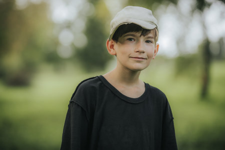 Portrait of a boy in a cap and a black T-shirt.の写真素材