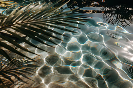 Sunlight filters through clear, rippling water, casting vibrant patterns and the shadows of palm leaves on the sandy bottom. The tropical scene radiates tranquility and warmth.の素材