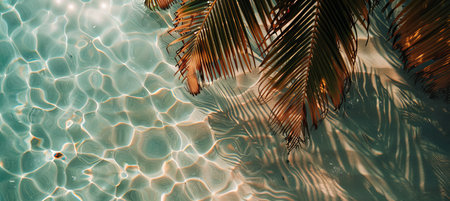 Sunlight filters through clear, rippling water, casting vibrant patterns and the shadows of palm leaves on the sandy bottom. The tropical scene radiates tranquility and warmth.の素材