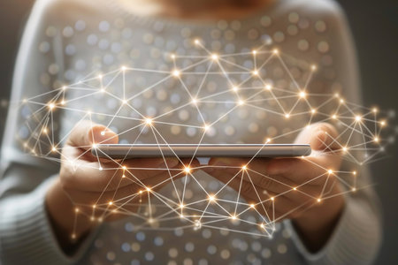 Digital technology, Business network connection, Teamwork, Deal, Partnership and data exchange, Investment analysis, planning and strategy. Businessman working with digital device on smart cityの素材