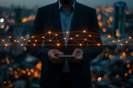 Digital technology, Business network connection, Teamwork, Deal, Partnership and data exchange, Investment analysis, planning and strategy. Businessman working with digital device on smart cityの素材