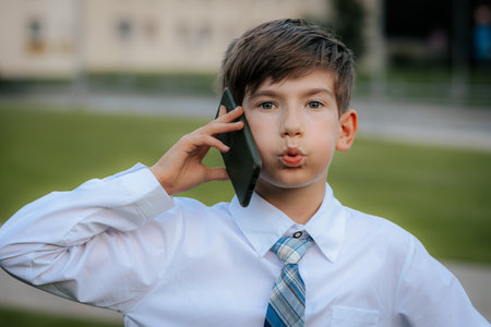 Portrait of a boy in a white shirt and tie talking on the phoneの写真素材