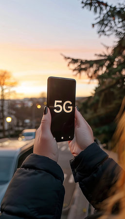 Smart city digital transformation development concept. Strip lights over modern city cityscape at night. New fast internet communication technology 5G.の素材