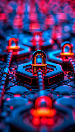 A digital network featuring glowing locks symbolizing cybersecurity, data protection, and secure information systems in a connected environment.の素材