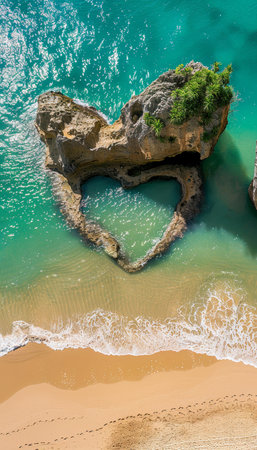 A stunning aerial view of a heart shaped island surrounded by clear turquoise waters. A couple relaxes on the sandy beach under the shade of palm trees, creating a romantic and tropical atmosphere.の素材