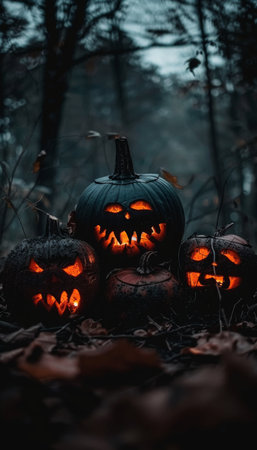 At dusk, three illuminated spooky pumpkins with ominous expressions sit on a wooden surface with a dark blurred wooden background. The image creates a spooky Halloween atmosphereの素材