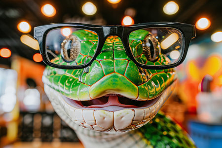 A coiled green snake with bright scales and an open mouth. Glasses are placed on the snakes eyes. Bokeh lights are visible in the background.の素材