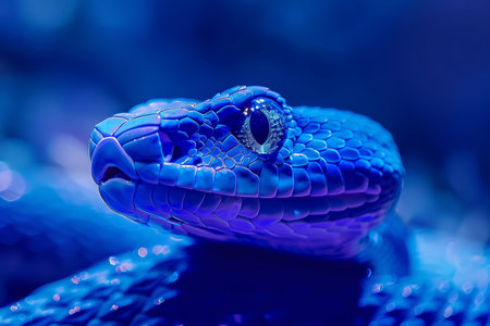 Cyborg snake. A coiled blue snake with bright scales and an open mouth. Bokeh lights are visible in the backgroundの素材
