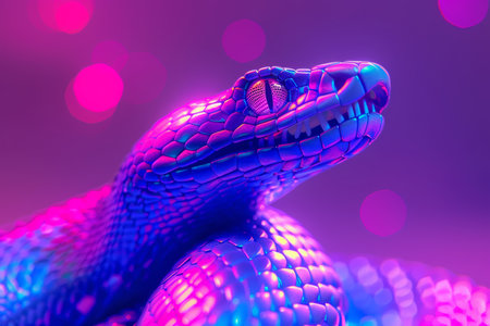 Modernized snake in neon lights. A coiled blue snake with bright scales and an open mouth. Bokeh lights are visible in the backgroundの素材