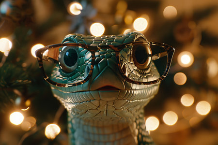 A close up of a green snake with its mouth open, wearing glasses against a warm bokeh light background. The snakes playful expression adds a humorous touchの素材