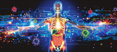 A vibrant illustration of the human digestive system highlighted within a glowing human figure, surrounded by various microorganisms.の素材