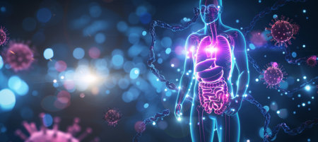 A vibrant illustration of the human digestive system highlighted within a glowing human figure, surrounded by various microorganisms.の素材