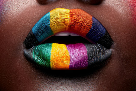 A close up shot of lips adorned with bold, colorful stripes of rainbow lipstick. The vibrant hues of red, orange, yellow, green, blue, and purple create a striking visual effectの素材