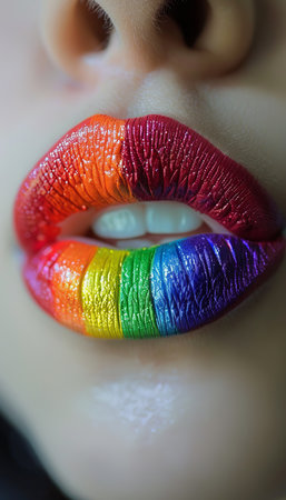 A close up shot of lips adorned with bold, colorful stripes of rainbow lipstick. The vibrant hues of red, orange, yellow, green, blue, and purple create a striking visual effectの素材