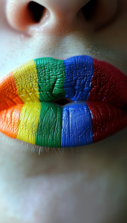 A close up shot of lips adorned with bold, colorful stripes of rainbow lipstick. The vibrant hues of red, orange, yellow, green, blue, and purple create a striking visual effectの素材