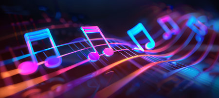 A vibrant, rainbow colored music staff with floating 3D musical notes in various colors. The blurred background enhances the dynamic composition, with soft lighting and copy space. AI generated.の素材