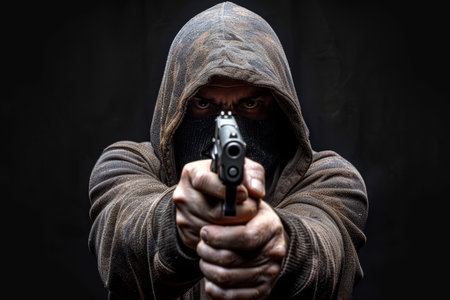A mysterious person wearing a hooded sweatshirt aims a handgun directly forward in a dark setting. The figures face is obscured, enhancing the sense of anonymity and tension.の素材