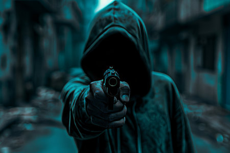 A mysterious person wearing a hooded sweatshirt aims a handgun directly forward in a dark setting. The figures face is obscured, enhancing the sense of anonymity and tension.の素材